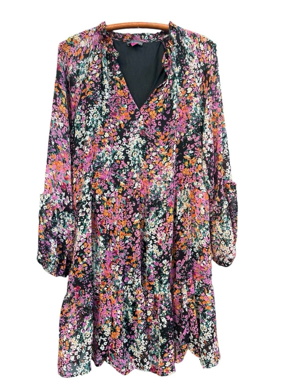 Vince Camuto - Floral Tiered V-Neck Dress in Black Multicolor Chiffon